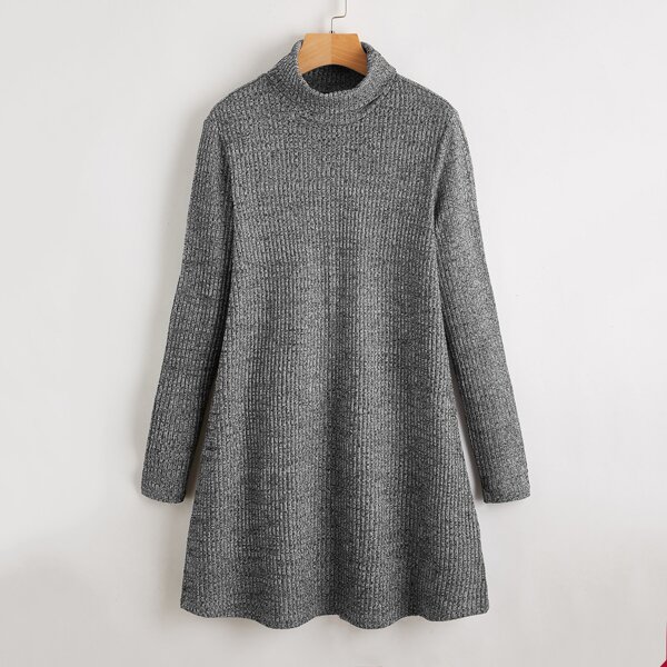 

Rolled Neck Rib-knit Dress, Dark grey