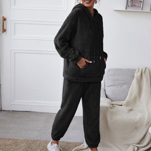 

Drop Shoulder Teddy Drawstring Hoodie & Pants Set, Black