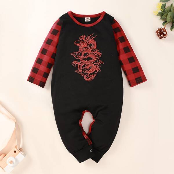 

Baby Boy Chinese Dragon And Gingham Print Jumpsuit, Black
