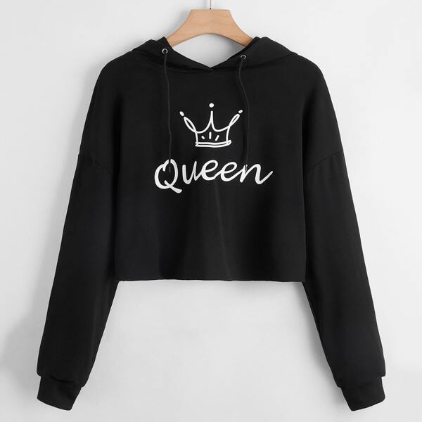 

Plus Letter And Graphic Print Drawstring Hoodie, Black