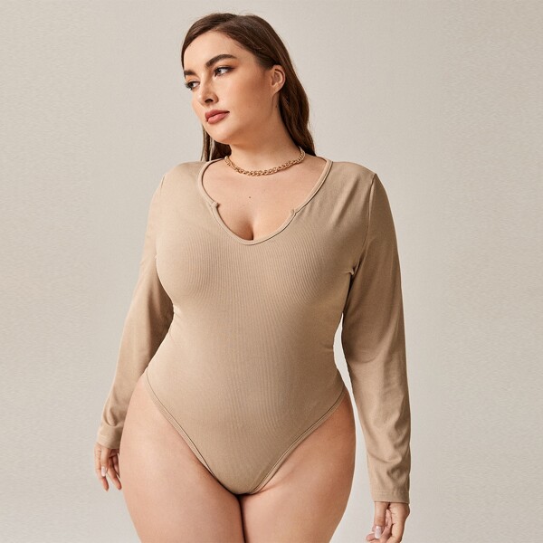 

Plus Notched Neck Rib-Knit Tee Bodysuit, Khaki
