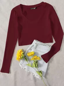 Muchica V Neck Ribbed Crop Top - Maroon - View 1