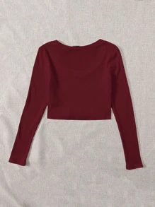Muchica V Neck Ribbed Crop Top - Maroon - View 2