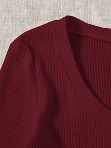Muchica V Neck Ribbed Crop Top - Maroon - View 3