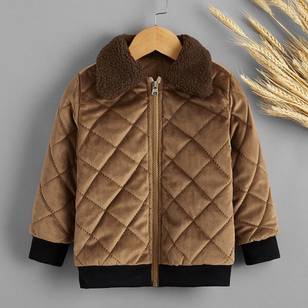

Toddler Boys Quilted Jacket With Borg Collar, Brown