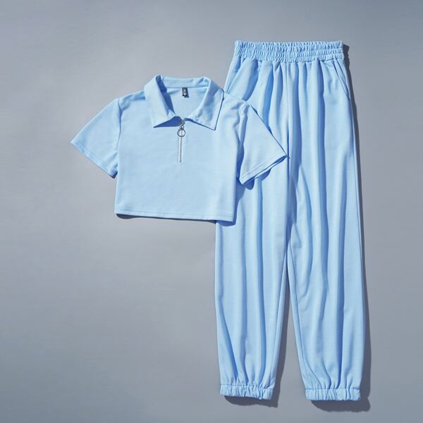 

Plus Solid O-Ring Half Zipper Crop Tee & Pants, Baby blue