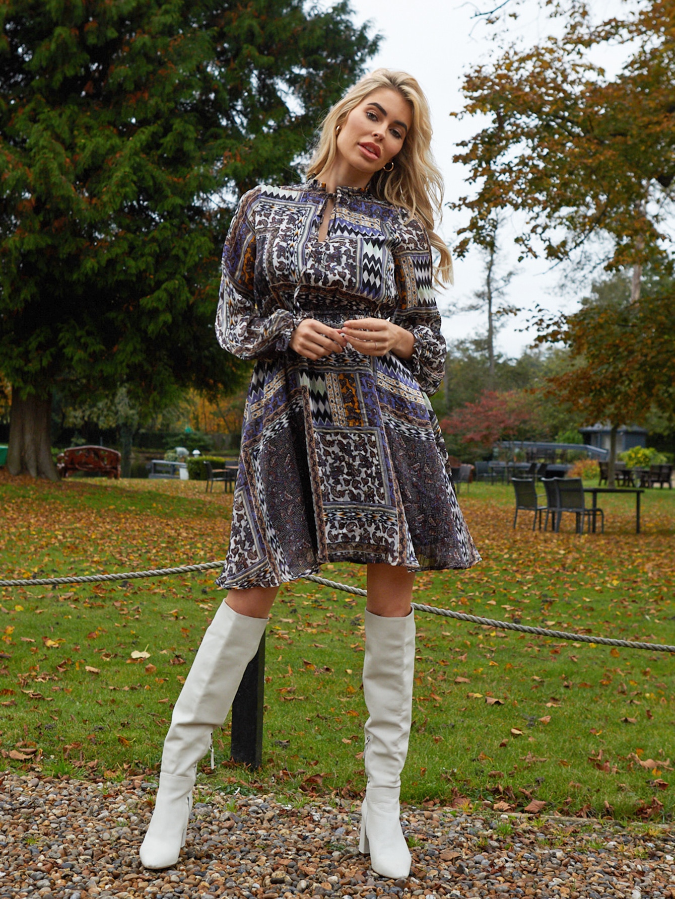 Tie Neck Patchwork Print Dress thumbnail