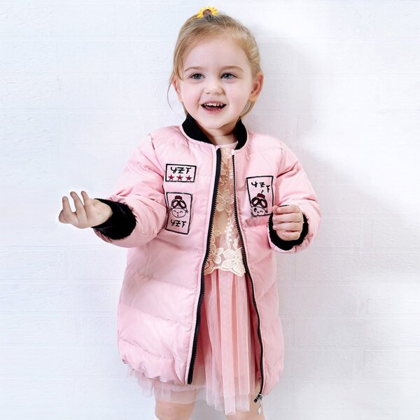

Toddler Girls Cartoon Patched Puffer Coat, Baby pink