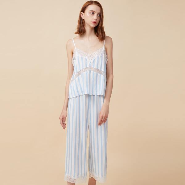 

PJM Lace Trim Striped Cami Top & Wide Leg Pants PJ Set, Blue and white