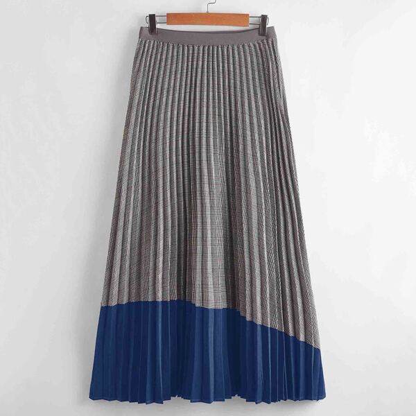 

Contrast Panel Plaid Pleated Skirt, Grey