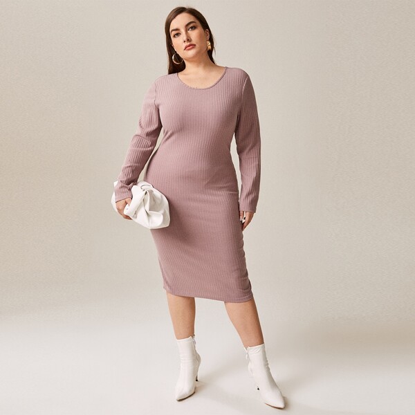 

Plus Rib-knit U-back Fitted Dress, Dusty pink