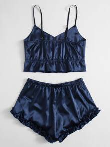 Frill Detail Satin Cami Top & Shorts PJ Set - Navy Blue - View 2