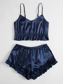 Frill Detail Satin Cami Top & Shorts PJ Set - Navy Blue - View 3