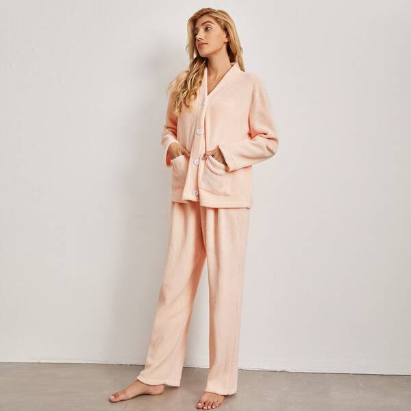 

Dual Pockets Teddy Lounge Set, Baby pink