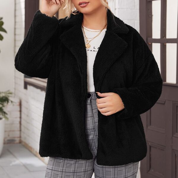 

Plus Lapel Neck Pocket Side Teddy Coat, Black