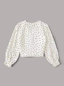 Camisa con estampado de corazón bajo con nudo con botón delantero - Blanco - Ver 2