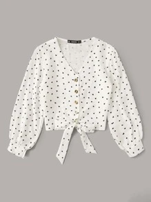 Camisa con estampado de corazón bajo con nudo con botón delantero - Blanco - Ver 3