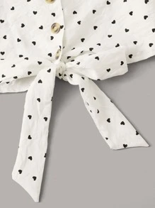Camisa con estampado de corazón bajo con nudo con botón delantero - Blanco - Ver 4