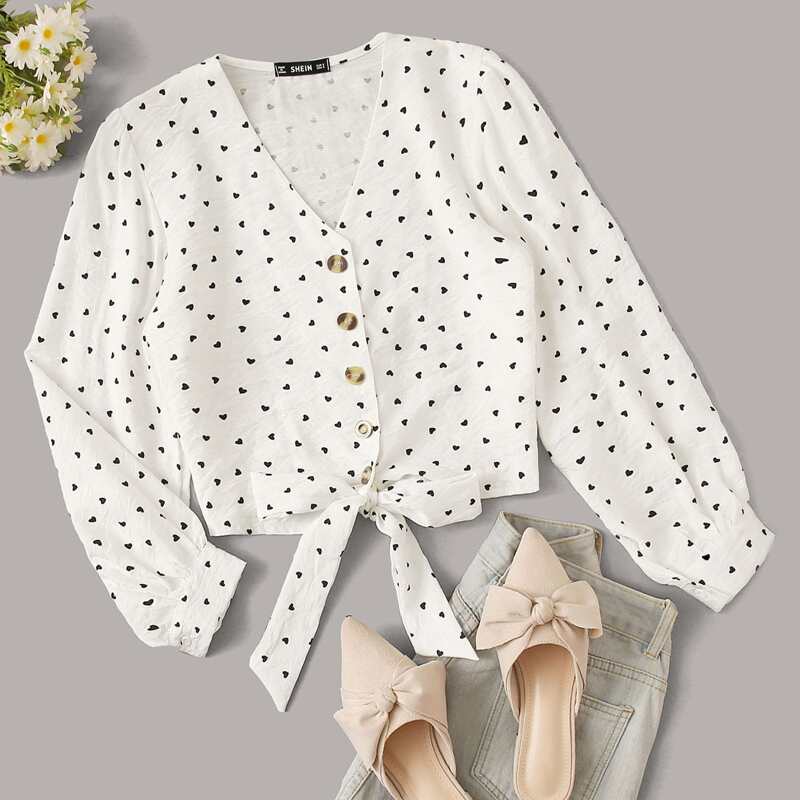 

Button Front Knotted Hem Heart Print Blouse, White