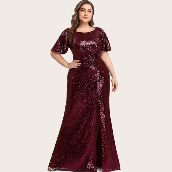

Plus Flutter Sleeve Split Thigh Sequin Prom Dress, Maroon