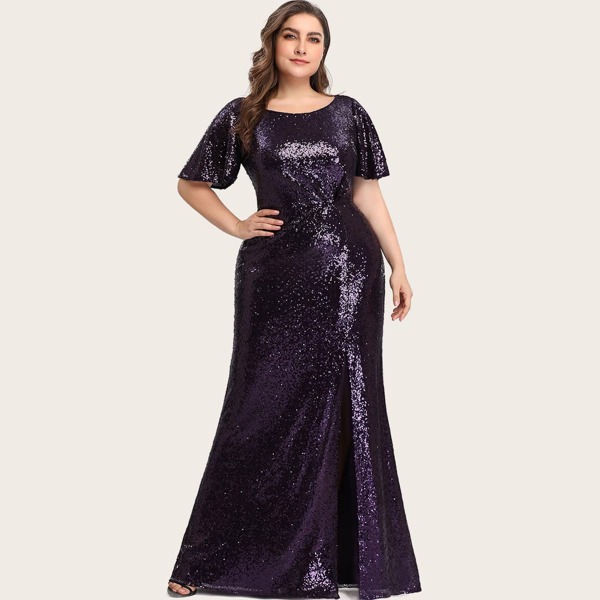 

Plus Flutter Sleeve Split Thigh Sequin Prom Dress, Purple