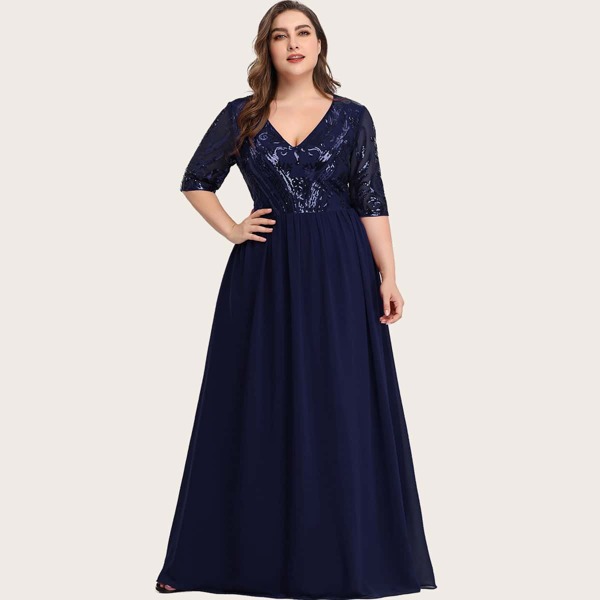 

Plus Sequin Bodice Chiffon Prom Dress, Navy blue