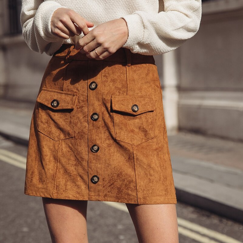

Button Detail Flap Pocket Skirt, Brown