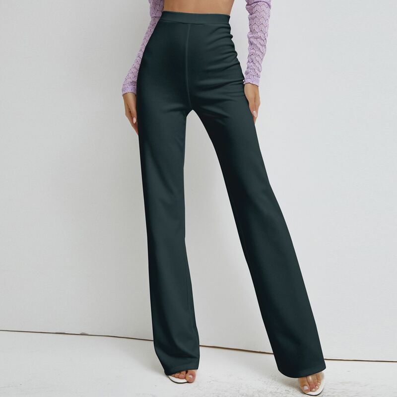 

High Waist Solid Straight Pants, Dark green