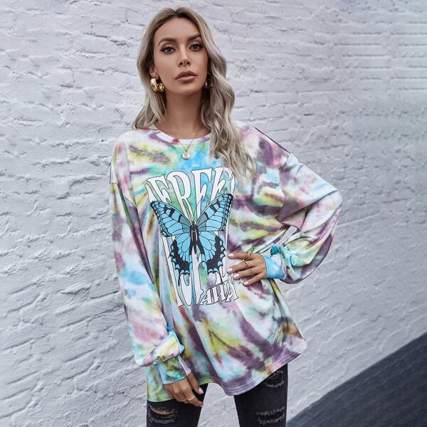 

Tie Dye Butterfly And Letter Graphic Sweatshirt, Multicolor
