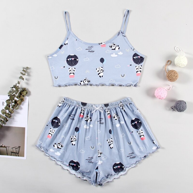 

Cartoon And Slogan Graphic Lettuce Trim PJ Set, Baby blue