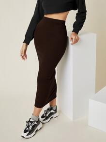 SHEIN BASICS 含棉高腰素色鉛筆裙 - 巧克力棕 - 查看 3