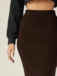 SHEIN BASICS 含棉高腰素色鉛筆裙 - 巧克力棕 - 查看 4