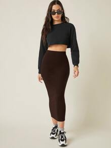 SHEIN BASICS 含棉高腰素色鉛筆裙 - 巧克力棕 - 查看 5