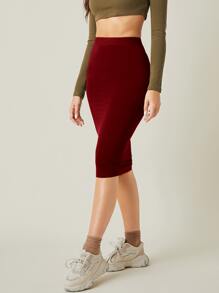 SHEIN BASICS High Waist Solid Pencil Skirt - Burgundy - View 4