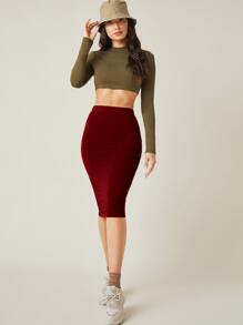 SHEIN BASICS High Waist Solid Pencil Skirt - Burgundy - View 5