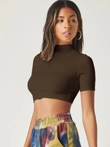SHEIN BASICS 小高領羅紋針織短版上衣 - 巧克力棕 - 查看 3