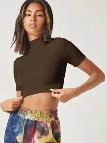 SHEIN BASICS 小高領羅紋針織短版上衣 - 巧克力棕 - 查看 4