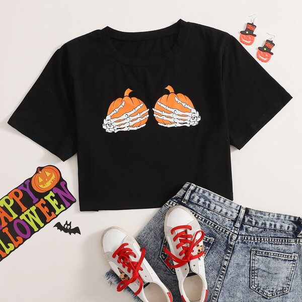 

Plus Pumpkin And Skeleton Print Crop Tee, Black