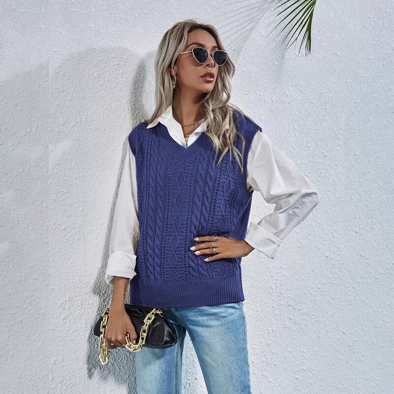 

Cable Knit Solid Sweater Vest, Navy blue