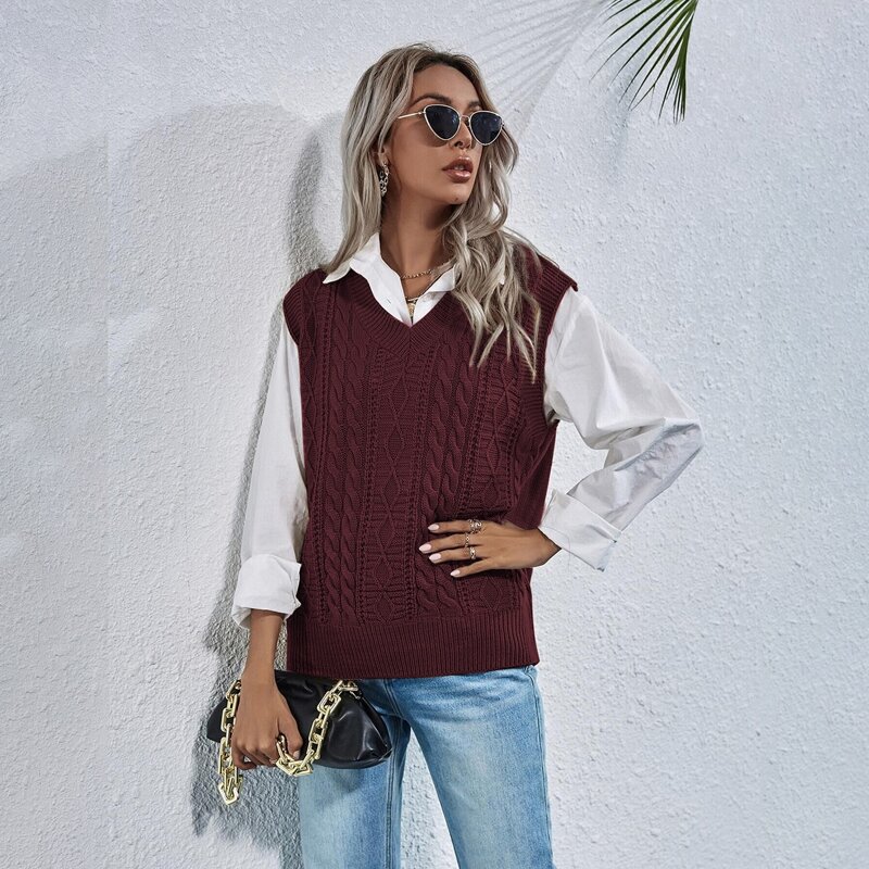 

Cable Knit Solid Sweater Vest, Maroon