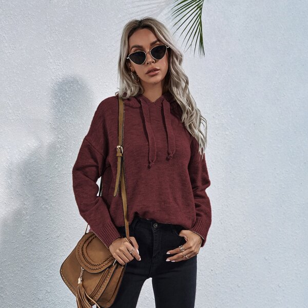 

Drop Shoulder Drawstring Hooded Sweater, Redwood