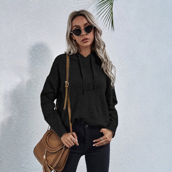 

Drop Shoulder Drawstring Hooded Sweater, Black