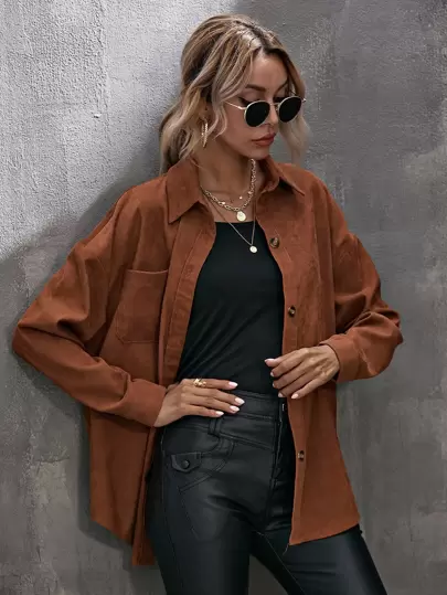 SHEIN LUNE Corduroy Curved Hem Drop Shoulder Blouse,Long Sleeve Tops Fall Cloth For Women