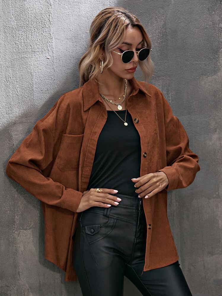 SHEIN LUNE Blusa de Ombro Caído com Bainha Curva em Veludo Cotelê, Blusas de Manga Longa - Castanho - Visão 1