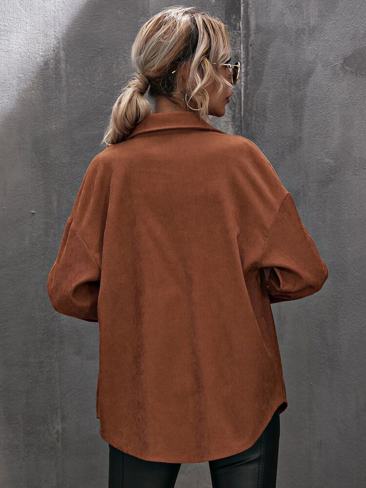 Corduroy Curved Hem Drop Shoulder Blouse,Long Sleeve Tops Fall Cloth For Women