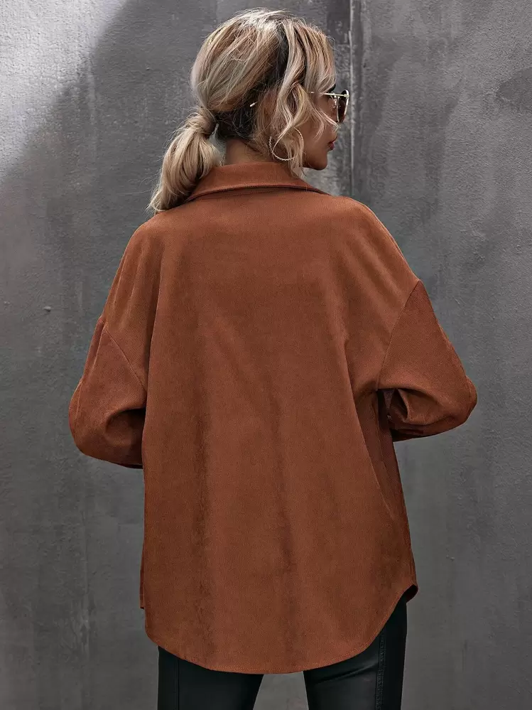 SHEIN LUNE Blusa de Ombro Caído com Bainha Curva em Veludo Cotelê, Blusas de Manga Longa - Castanho - Visão 2