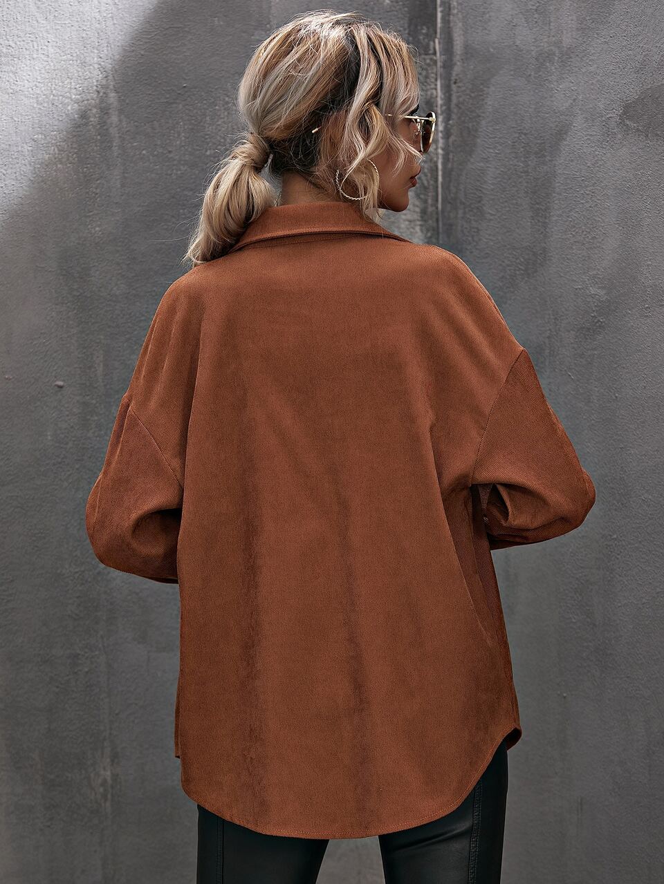 Corduroy Curved Hem Drop Shoulder Blouse,Long Sleeve Tops Fall Cloth For Women