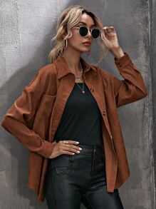 SHEIN LUNE Blusa de pana con dobladillo curvo y hombros caídos, manga larga