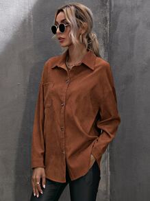 SHEIN LUNE Blusa de pana con dobladillo curvo y hombros caídos, manga larga