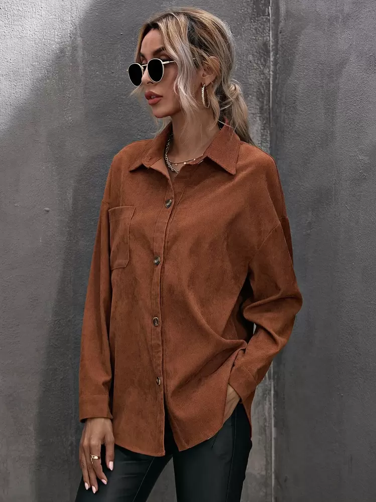 SHEIN LUNE Blusa de Ombro Caído com Bainha Curva em Veludo Cotelê, Blusas de Manga Longa - Castanho - Visão 5
